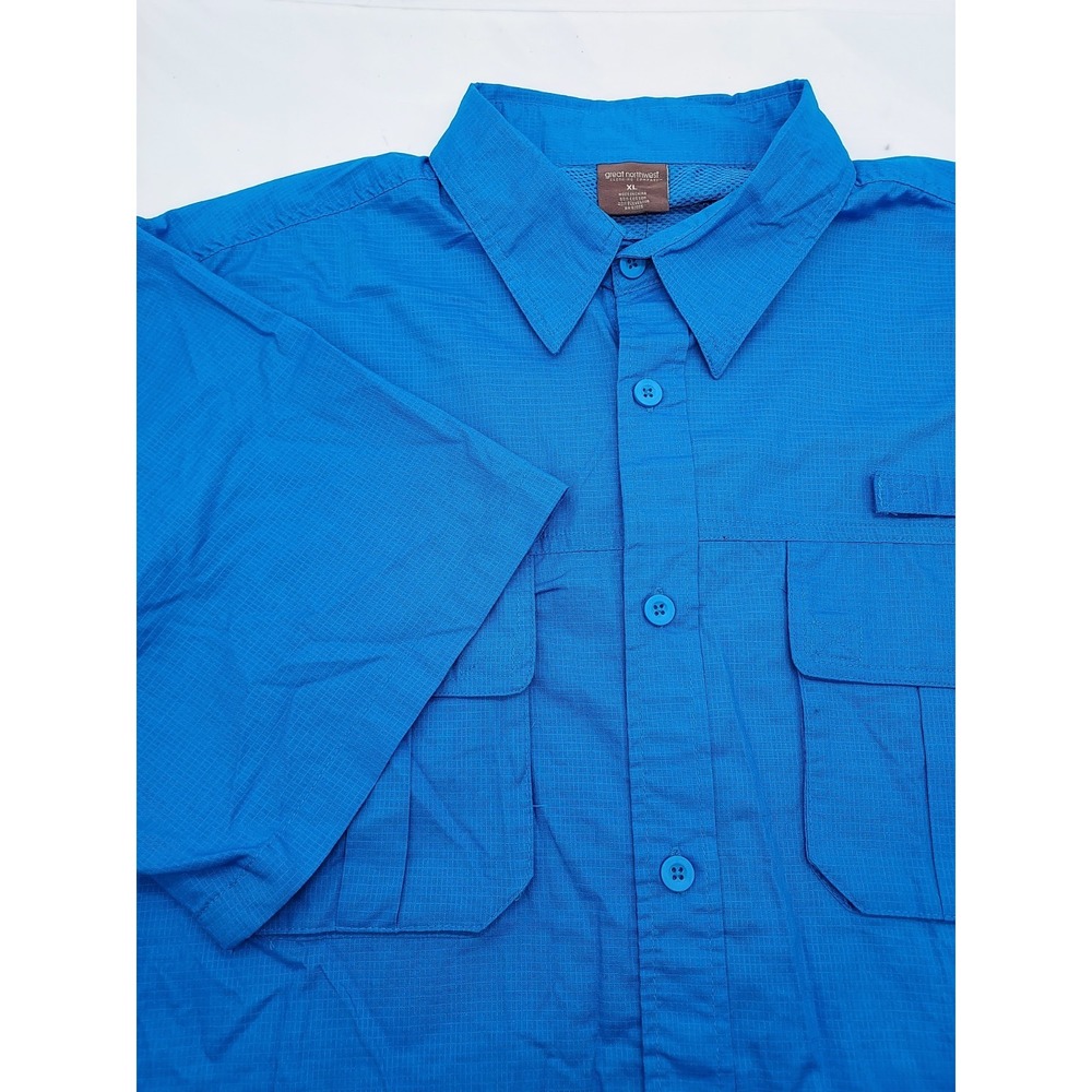Great‎ Northwest Mens XL Blue Ripstop Fishing Hiking Short Sleeve Button Shirt